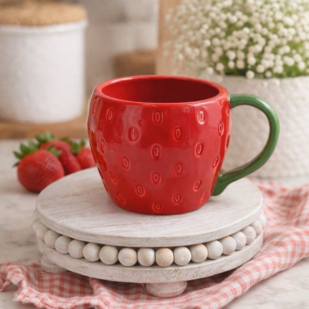 LANG Strawberry Mug Red Green Ceramic Coffee Cup Cute Cottagecore Fruit